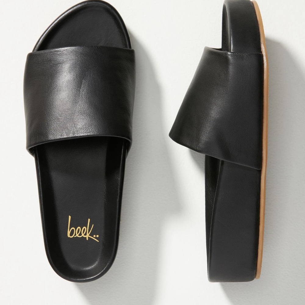 NWB Beek Anthropologie Black Leather Pelican Platform Flatform Slides Sandals 10